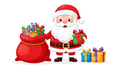 Santa Claus standing with a large red sack of gifts and wrapped presents on a white background in a festive holiday scene.