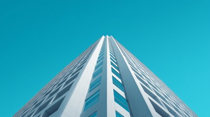towering minimalist building viewed from below with bold futuristic geometry
