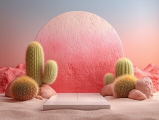 Soft Desert Style Still Life Design with Pink Circular Panel, Cacti and Sand Dunes, 3D Render