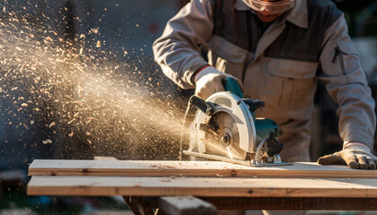A carpenter uses a circular saw to cut a wooden plank, creating sawdust and demonstrating carpentry skills and construction work.