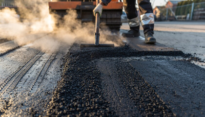 A construction worker uses a tamper to compact fresh asphalt during road paving, ensuring a smooth and durable surface for traffic.