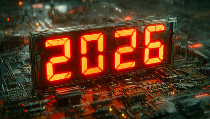 Futuristic digital clock with glowing neon numbers showing the year 2026 on a tech background