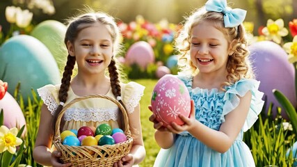 Two young girls in festive attire enjoy an outdoor spring celebration with colorful decorated eggs and blooming flowers