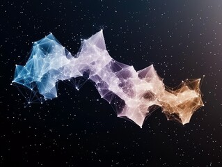 An abstract digital illustration of a network structure with interconnected nodes, floating against a dark starry background.