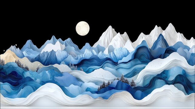 An abstract landscape painting of mountains, trees, and a full moon against a black sky. The artwork uses shades of blue and white.
