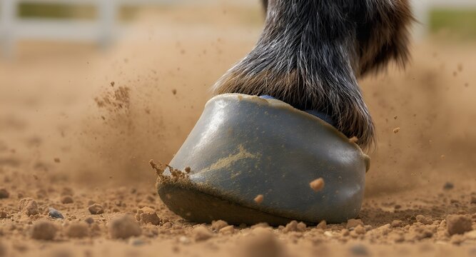Close up of horse hoof with horseshoe hitting dry ground, kicking up fine dust and small rocks in motion - Powered by Adobe