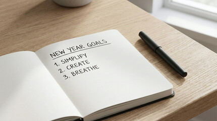 new year goals notebook on wooden desk. New year goals notebook with fountain pen. Writing simple intentions to guide the new year