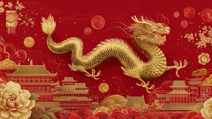 Obraz premium A vibrant golden dragon soaring over traditional architecture, symbolizing strength and prosperity against a rich red background.