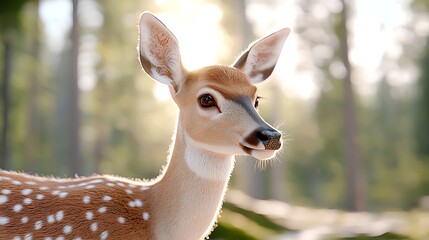 A beautiful spotted fawn bathed in golden sunlight within a serene forest environment