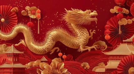 Fototapeta premium A vibrant golden dragon against a red backdrop, symbolizing strength and prosperity in Asian culture, surrounded by festive decor.