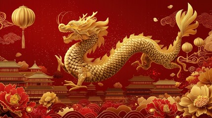 Fototapeta premium A vibrant illustration of a golden dragon amidst red flowers, symbolizing strength and good fortune in Asian culture.