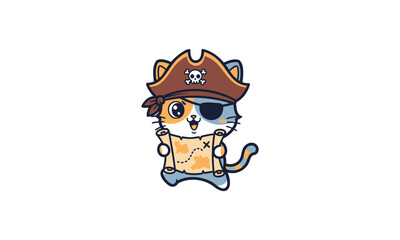 Obraz premium Adorable Cartoon Pirate Cat with Brown Hat, Eye Patch, and Treasure Map.