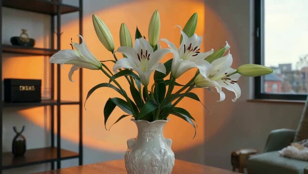 A beautiful bouquet of white lilies in a vase, illuminated by the warm glow of the setting sun.