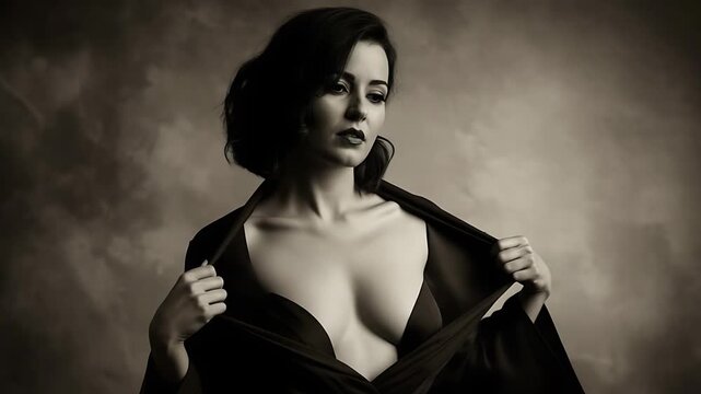 Sensual woman in sepia tone undressing, revealing cleavage with mysterious gaze