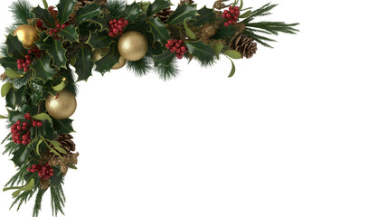 Festive christmas garland with golden ornaments and red berries in the upper left corner on black background