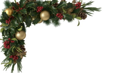 Festive christmas garland with golden ornaments and red berries in the upper left corner on black background