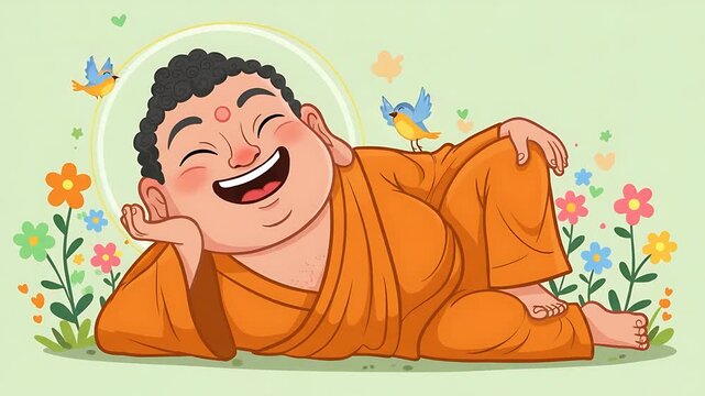 Smiling Buddha Lying on Grass with Flowers and Birds animated peaceful vibe 2d vector