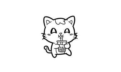 Obraz premium Adorable kawaii cartoon cat character happily sipping a beverage from a cup with a straw, line art.