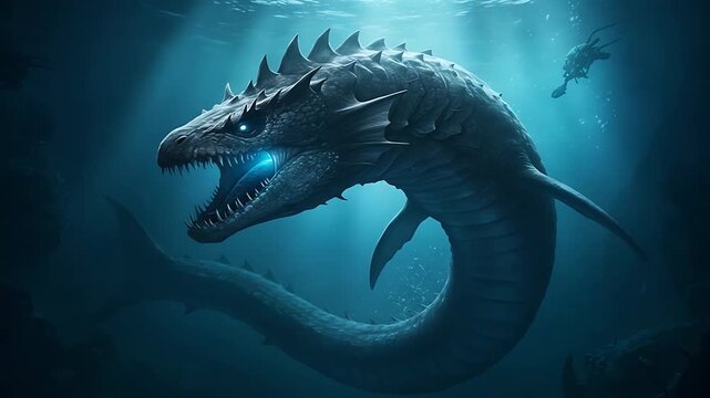 Underwater Leviathan: Majestic Sea Serpent in Deep Blue Ocean Depths footage of sea dragon
