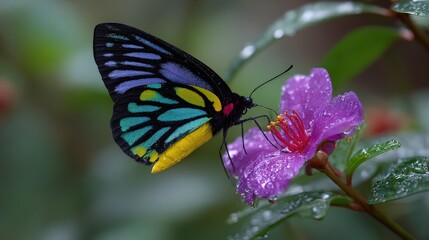 Vividly colored insect rests upon a purple blossom covered in droplets