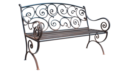 Dark wrought iron bench with intricate swirling patterns on transparent background