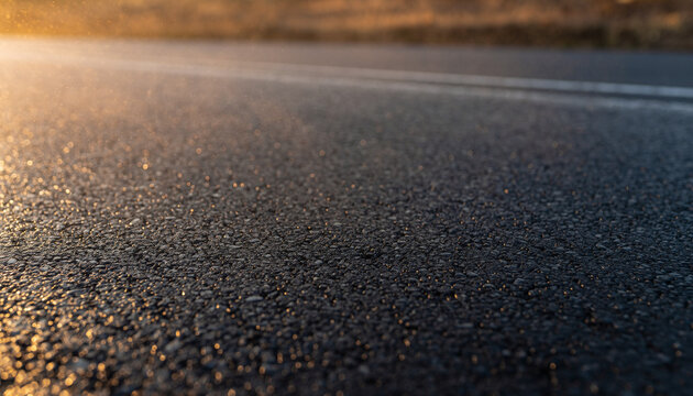 Close-up view of a textured asphalt road surface with subtle golden sunlight, creating a sense of travel and journey.