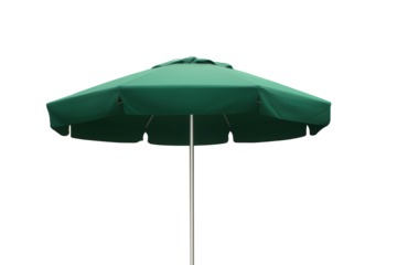 Single green patio umbrella with metallic pole on transparent background