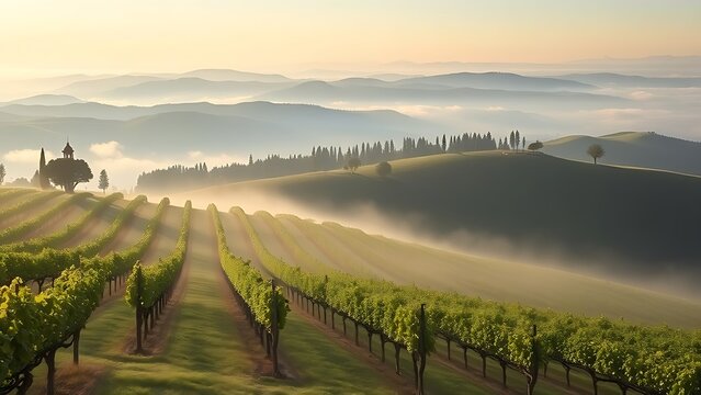 passphrase. Nebbiolo grape vineyard on Piedmont hillside with morning fog and rolling hills. travel magazines, destination branding, designed for outdoor magazines and nature guides.