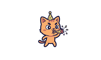 Obraz premium Angry orange cartoon cat with a party hat blowing a festive party horn blower.