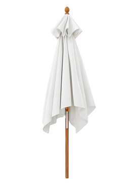 Single closed white patio umbrella with wooden handle on transparent background