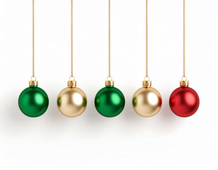ive festive ornaments (green, gold, red) hanging on chains against a white background. Perfect for holiday marketing and decor themes.