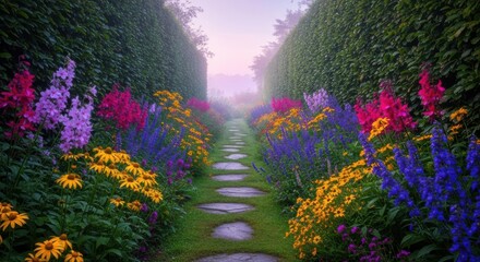 Obraz premium Enchanting garden path lined with vibrant flowers and lush green hedges