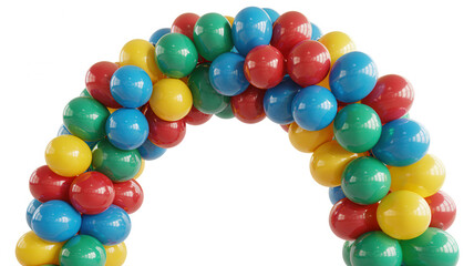 Colorful balloon archway made of red blue and yellow balloons against a black background for celebrations