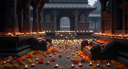 Diwali festival of lights illuminates ancient temple courtyard with oil lamps and marigold flowers