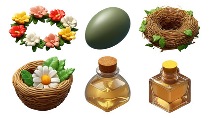 Glossy 3D Objects for Equinox Celebration Including Flowers, Eggs, and Bottles