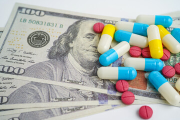 Pills on money dollars, Medicine prescription drugs cost concept, healthcare expenses