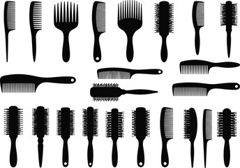 Silhouette vector set of combs and hairbrushes for hair grooming, styling, detangling, curling, smoothing, afro picks and accessories