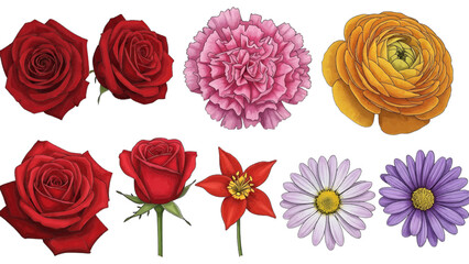 Vector illustration of red roses, pink carnation, yellow ranunculus, and daisies on transparent background