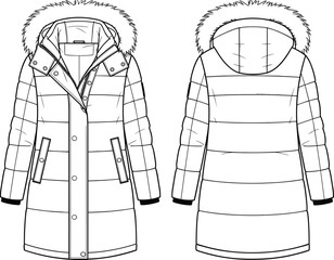 Women's long puffer coat fashion flat sketch vector with fur-trimmed hood, snap button placket, horizontal quilting, and side pockets. © MSTMUNMUN