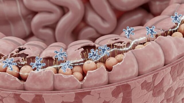 Animated visualization of immune cells attacking bacteria within human intestine in detailed medical style