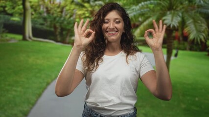 Woman smiling and making ok sign with both hands on a park path wearing tshirt; approval joy support.