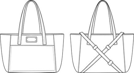PrintFashion Tote Bag Technical Drawing, Vector CAD Flat Sketch, Front and Back Views, Apparel Design Template, Outline