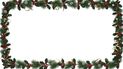 Festive christmas garland border with holly berries and golden ribbon on black background for holiday design