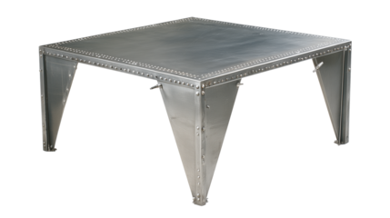 Sleek industrial metal table with riveted edges and V-shaped legs on transparent background