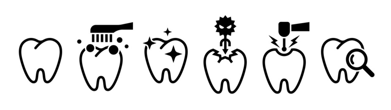 Dental concept icons. Teeth, cavities, dental care, brushing, examinations, and upkeep.