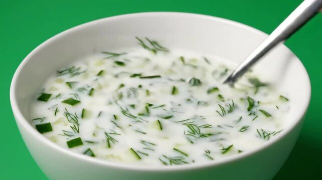 Refreshing White Soup With Cucumber And Dill In A White Bowl A Spoon Stirring On A Vibrant Green Background Close Up Shot