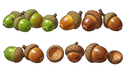 Vector illustration of a set of acorns ripening from green to brown on a transparent background