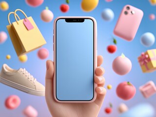 Lively E-commerce Shopping Scene 3D Render of Hand Holding Smartphone with Floating Mini Shopping Items