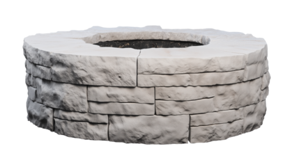 Rustic stone fire pit with glowing embers on transparent background