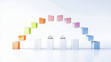 Abstract composition featuring a series of colorful gradient cubes arranged in an arc above white boxes, all set against a clean white backdrop.